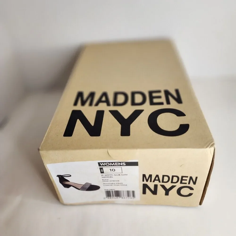 NIB MADDEN NYC WOMENS BLACK SZ 10 RHINESTONE ILLIE CITY BLOCK HEEL STRAPPYSANDAL